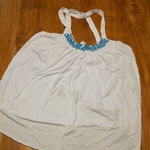 Source Unknown White Halter Camisole with Blue Beaded Neckline